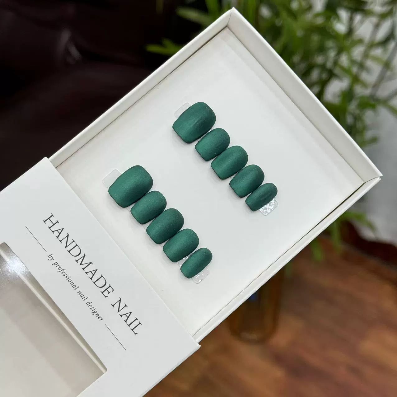 Ultra-Short Square Minimalist Matte Dark Green Handmade Press-On Nails | Removable and Reusable | Free Tool Kit Included