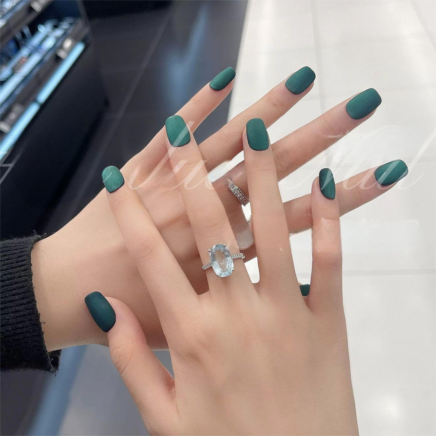 Ultra-Short Square Minimalist Matte Dark Green Handmade Press-On Nails | Removable and Reusable | Free Tool Kit Included