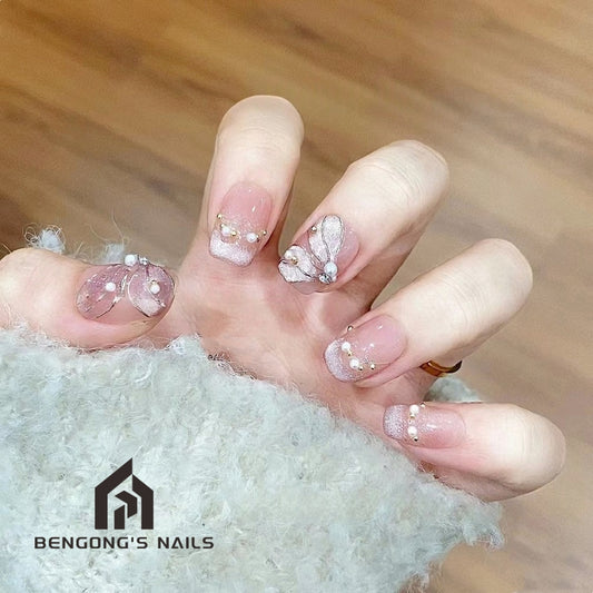 Ultra-Short Square Lilac Cat Eye Hand-Painted Butterfly Wing Design Handmade Press-On Nails| Removable and Reusable | Free Tool Kit Included