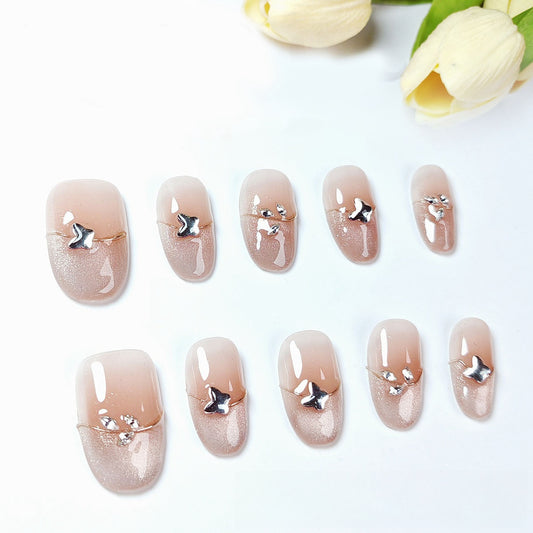 Medium Oval French Tip Pink Sparkling Cat Eye & Rhinestone Butterfly Handmade Press-On Nails | Removable & Reusable with Free Tool Kit