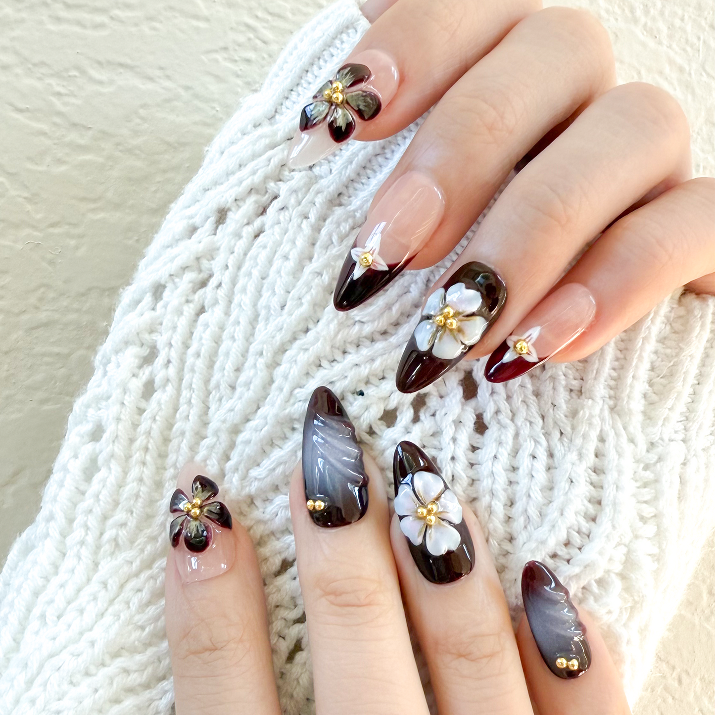 Mocha Blossom Almond Nails | Handmade Press-On Nails | Removable and Reusable | Free Tool Kit Included