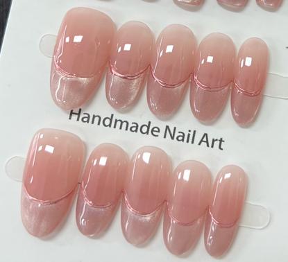Medium Oval Simple Blush Cat Eye French Handmade Press-On Nails | Removable & Reusable | Free Tool Kit Included