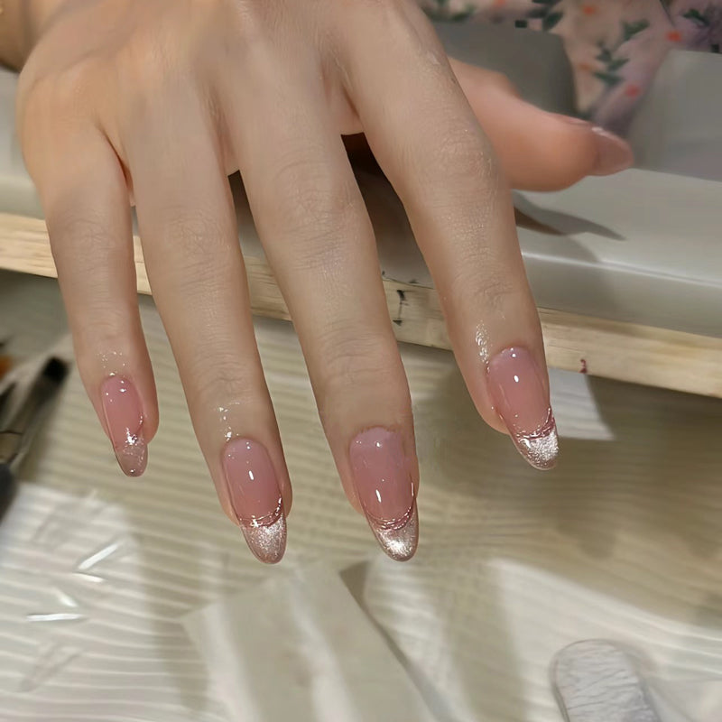 Medium Oval Simple Blush Cat Eye French Handmade Press-On Nails | Removable & Reusable | Free Tool Kit Included