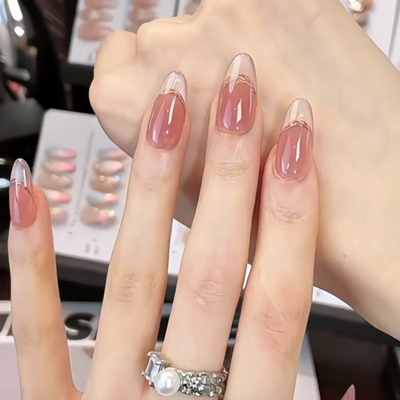 Medium Oval Simple Blush Cat Eye French Handmade Press-On Nails | Removable & Reusable | Free Tool Kit Included