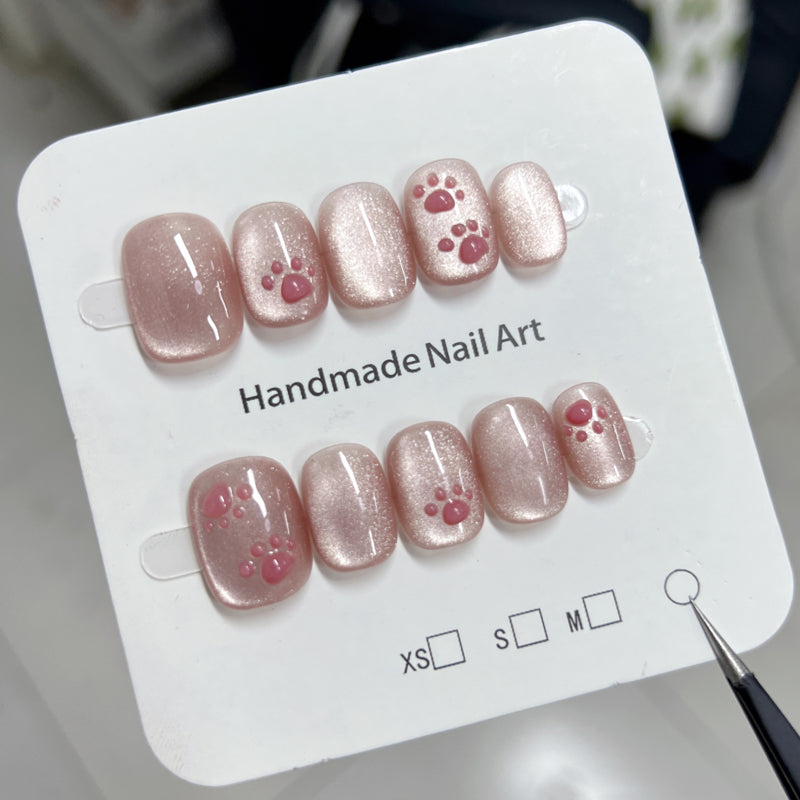 Super Short Oval Pink Cat Eye Press-On Nails with Cute Cat Paw Design | Removable & Reusable | Free Tool Kit Included