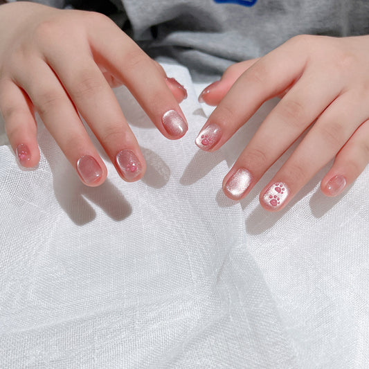 Super Short Oval Pink Cat Eye Press-On Nails with Cute Cat Paw Design | Removable & Reusable | Free Tool Kit Included