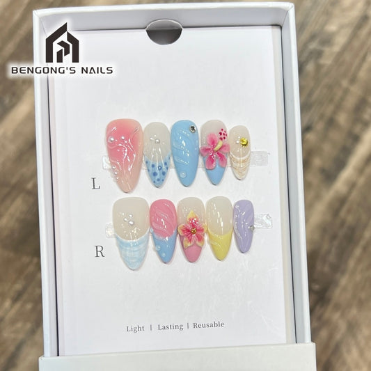 Powdered Petals | Medium-length Almond |Handmade Press-On Nails | Removable and Reusable | Free Tool Kit Included