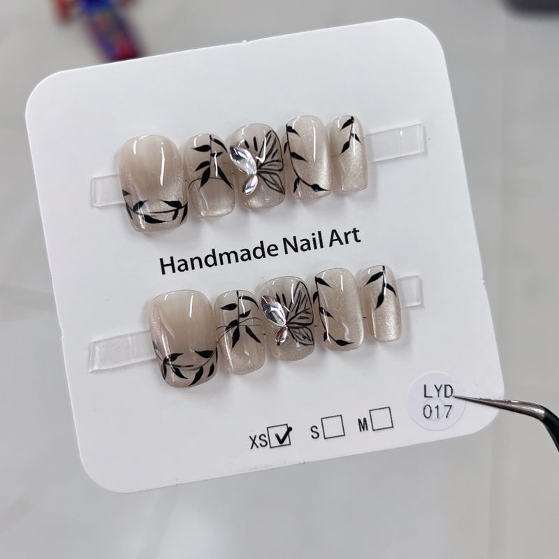 Short Square Nude Cat Eye & Hand-Painted Bamboo and Butterfly Handmade Press-On Nails | Removable and Reusable | Free Tool Kit Included