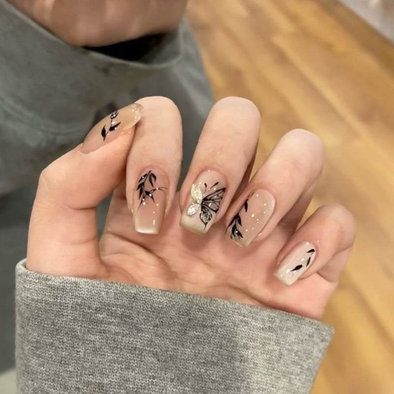 Short Square Nude Cat Eye & Hand-Painted Bamboo and Butterfly Handmade Press-On Nails | Removable and Reusable | Free Tool Kit Included