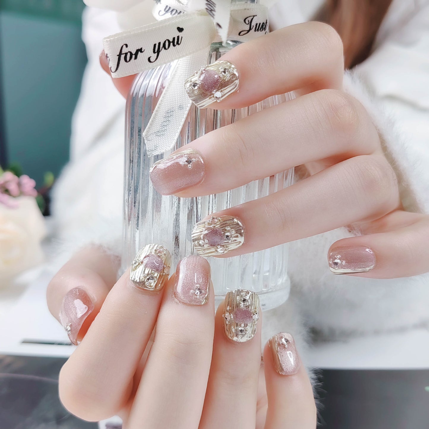 Super Short Square Pink Cat Eye & Buccellati Design Handmade Press-On Nails | Removable and Reusable | Free Tool Kit Included