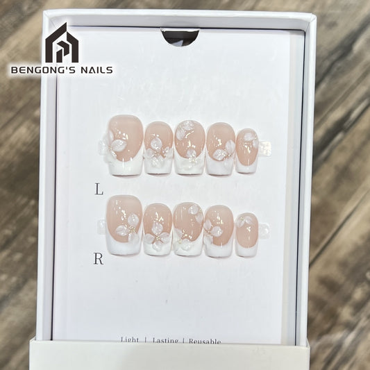 Blanc Fleur French | Medium-length square |Handmade Press-On Nails | Removable and Reusable | Free Tool Kit Included