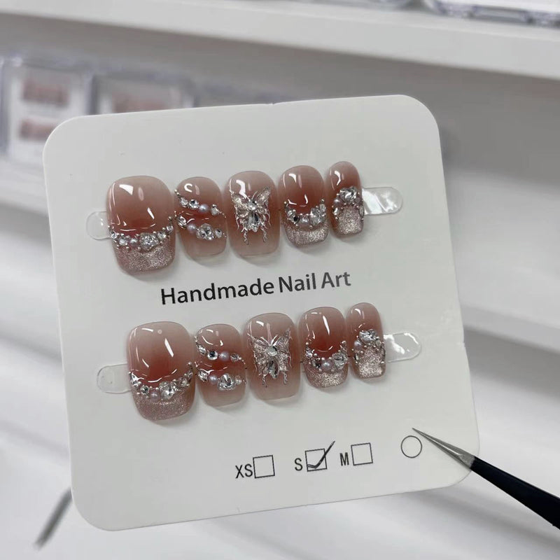 2 Shapes of Chocolate Cat Eye French Tip & Hand-Painted Rhinestone Glowing Butterfly Handmade Press-On Nails | Removable and Reusable | Free Tool Kit Included