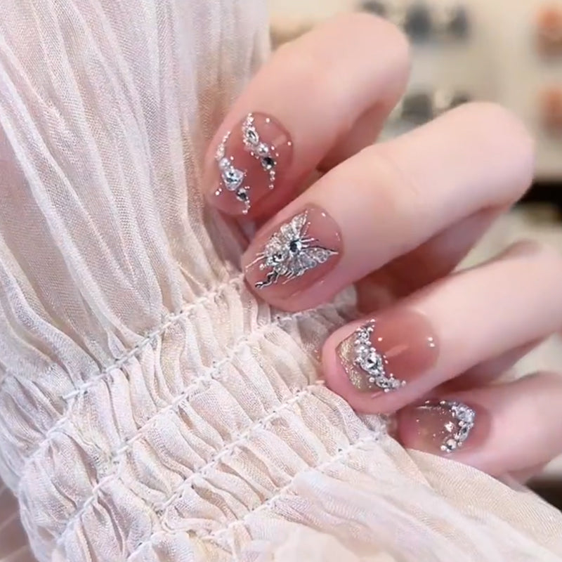 2 Shapes of Chocolate Cat Eye French Tip & Hand-Painted Rhinestone Glowing Butterfly Handmade Press-On Nails | Removable and Reusable | Free Tool Kit Included
