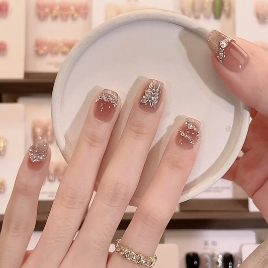 2 Shapes of Chocolate Cat Eye French Tip & Hand-Painted Rhinestone Glowing Butterfly Handmade Press-On Nails | Removable and Reusable | Free Tool Kit Included