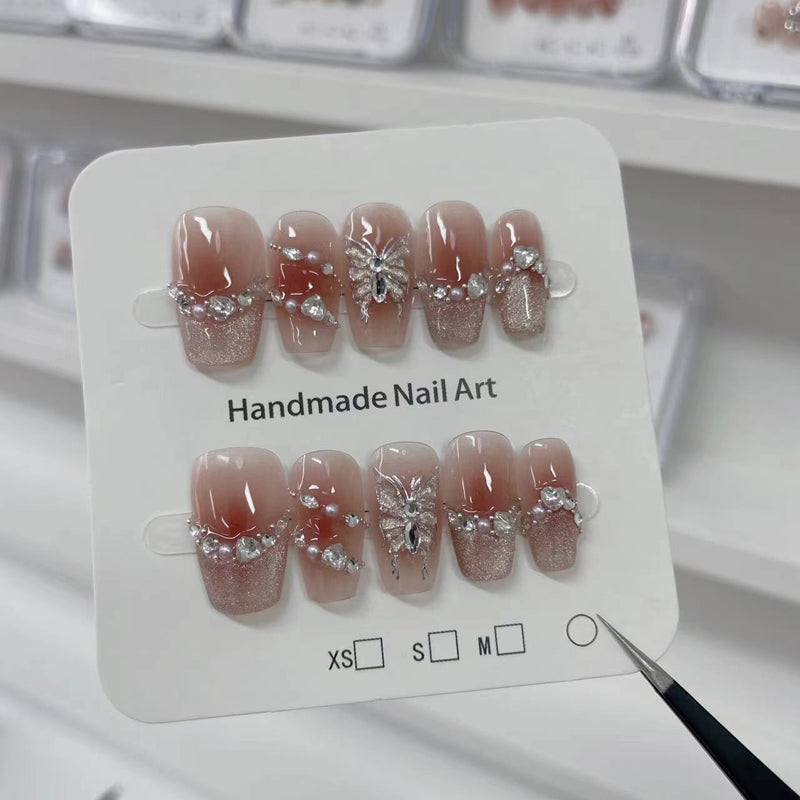 2 Shapes of Chocolate Cat Eye French Tip & Hand-Painted Rhinestone Glowing Butterfly Handmade Press-On Nails | Removable and Reusable | Free Tool Kit Included