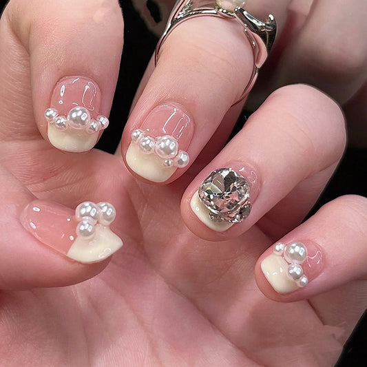 Super Short Square Pearl French & Milky White and Light Yellow Handmade Press-On Nails | Removable and Reusable | Free Tool Kit Included