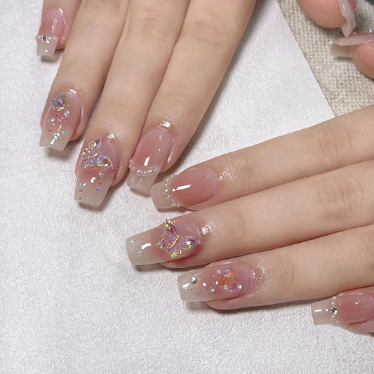 Medium Coffin Nude to Light Pink Ombre Handmade Press-On Nails with 3D Butterfly Design | Removable & Reusable | Free Tool Kit Included