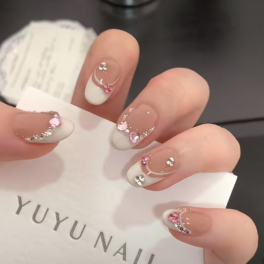 Short Oval White French Tip with Pink Diamond Bow Handmade Press-On Nails | Removable and Reusable | Free Tool Kit Included