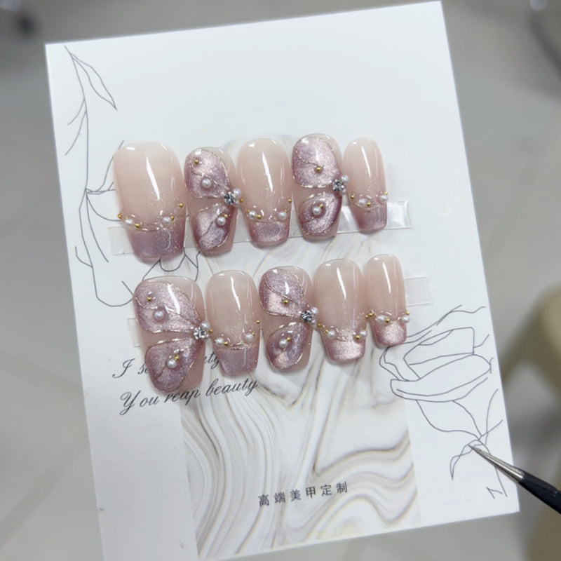 Medium Coffin Light Purple Cat Eye Butterfly Wings Handmade Press-On Nails | Removable and Reusable | Free Tool Kit Included