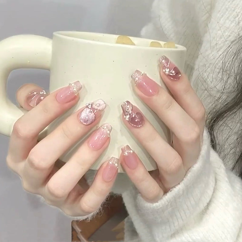 Medium Coffin Light Purple Cat Eye Butterfly Wings Handmade Press-On Nails | Removable and Reusable | Free Tool Kit Included