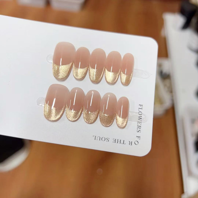 Medium Oval Light Gold French Tips & Minimalist Nude Cat Eye | Handmade Press-On Nails | Removable and Reusable | Free Tool Kit Included