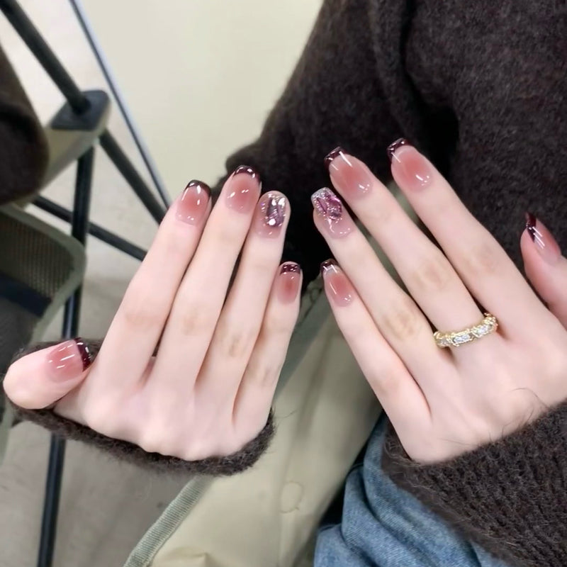 Medium Square Ice Grape French Tip & Pink Ombre Cat Eye | Handmade Press-On Nails | Removable and Reusable | Free Tool Kit Included