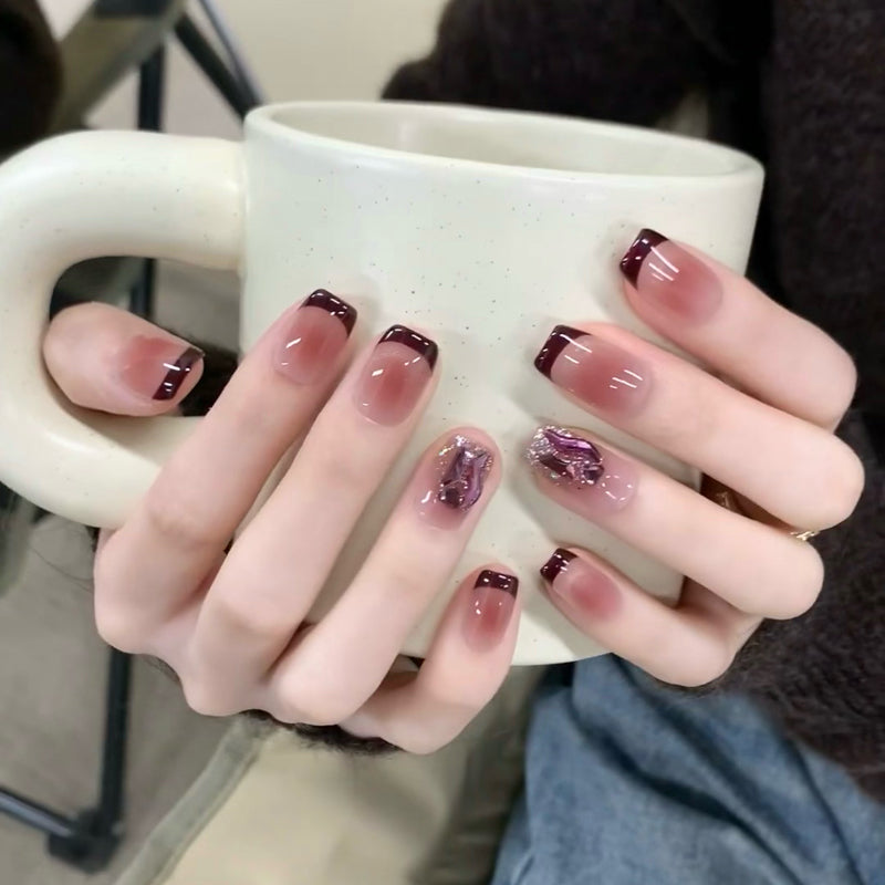 Medium Square Ice Grape French Tip & Pink Ombre Cat Eye | Handmade Press-On Nails | Removable and Reusable | Free Tool Kit Included