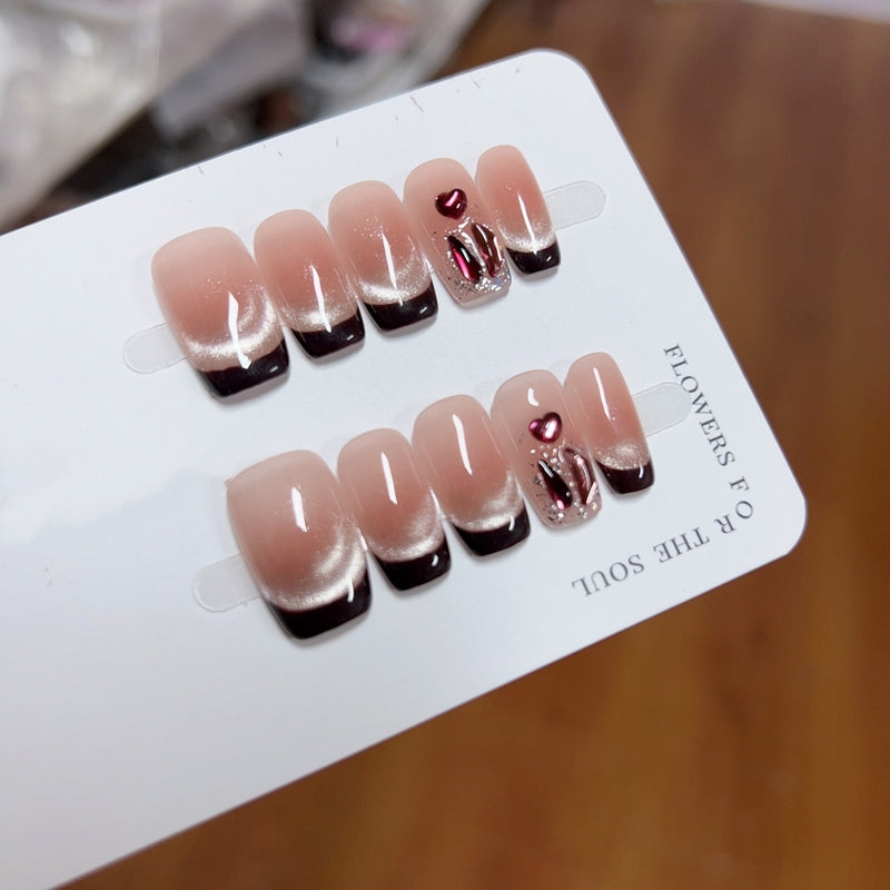 Medium Square Ice Grape French Tip & Pink Ombre Cat Eye | Handmade Press-On Nails | Removable and Reusable | Free Tool Kit Included