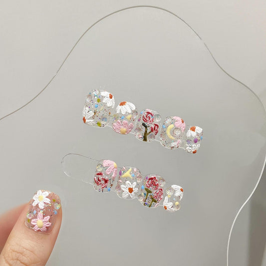 Short Oval 3D Hand-Painted Colorful Flowers Handmade Press-On Nails | Detachable and Reusable | Free Toolkit Included