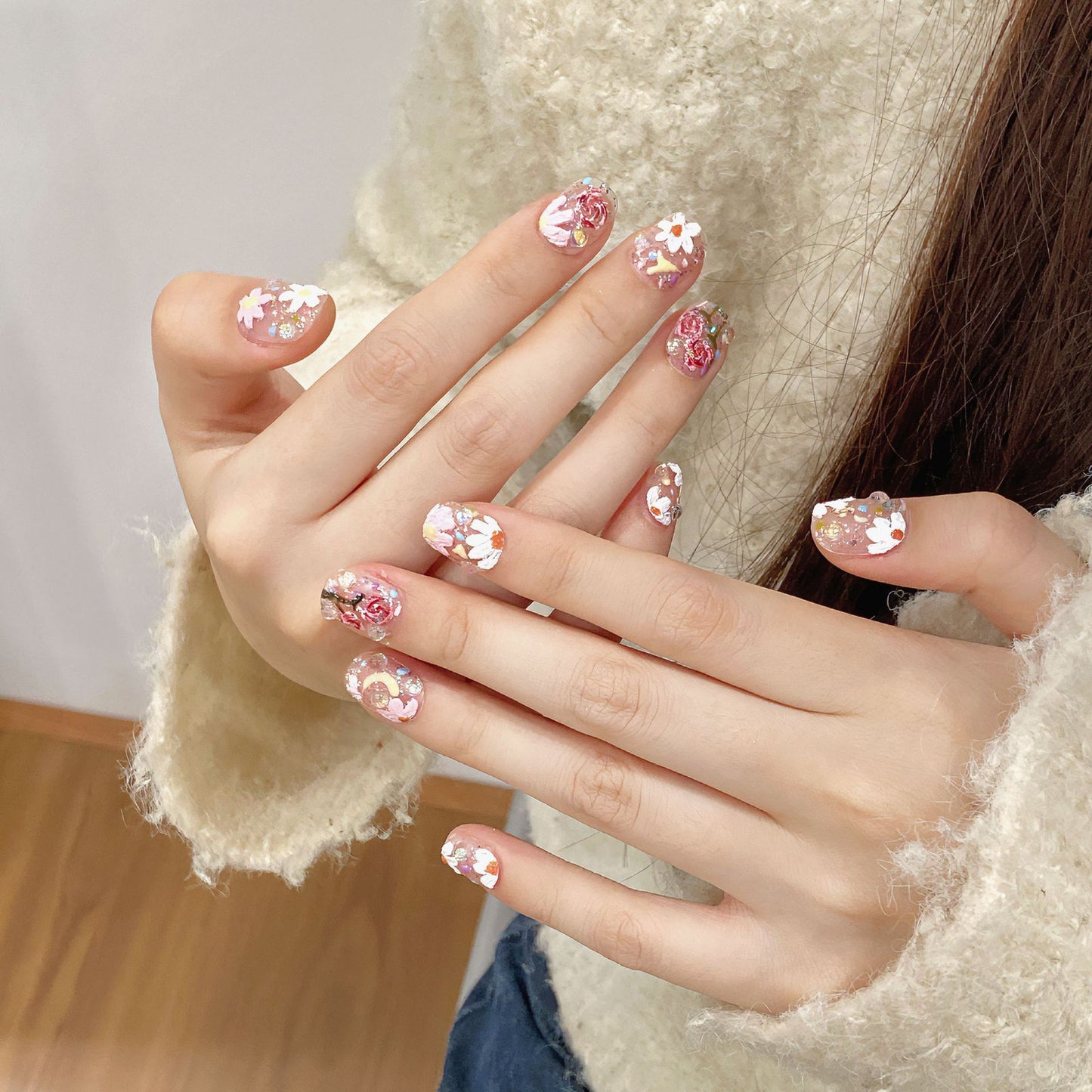 Short Oval 3D Hand-Painted Colorful Flowers Handmade Press-On Nails | Detachable and Reusable | Free Toolkit Included