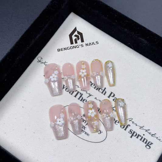 Chantilly Bloom  Handmade Press-On Nails | Long Coffin | Removable and Reusable | Free Tool Kit Included