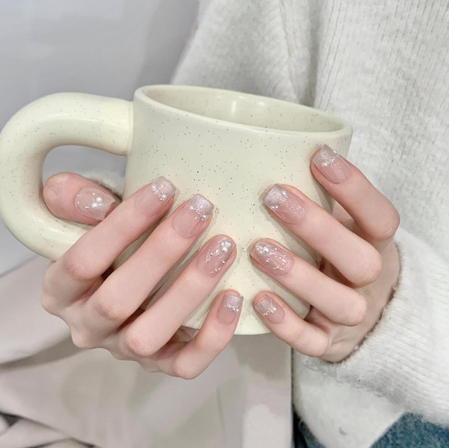 Super Short Coffin Nude French Tip Hand-Painted Silver Mermaid Press-On Nails | Removable and Reusable | Free Tool Kit Include