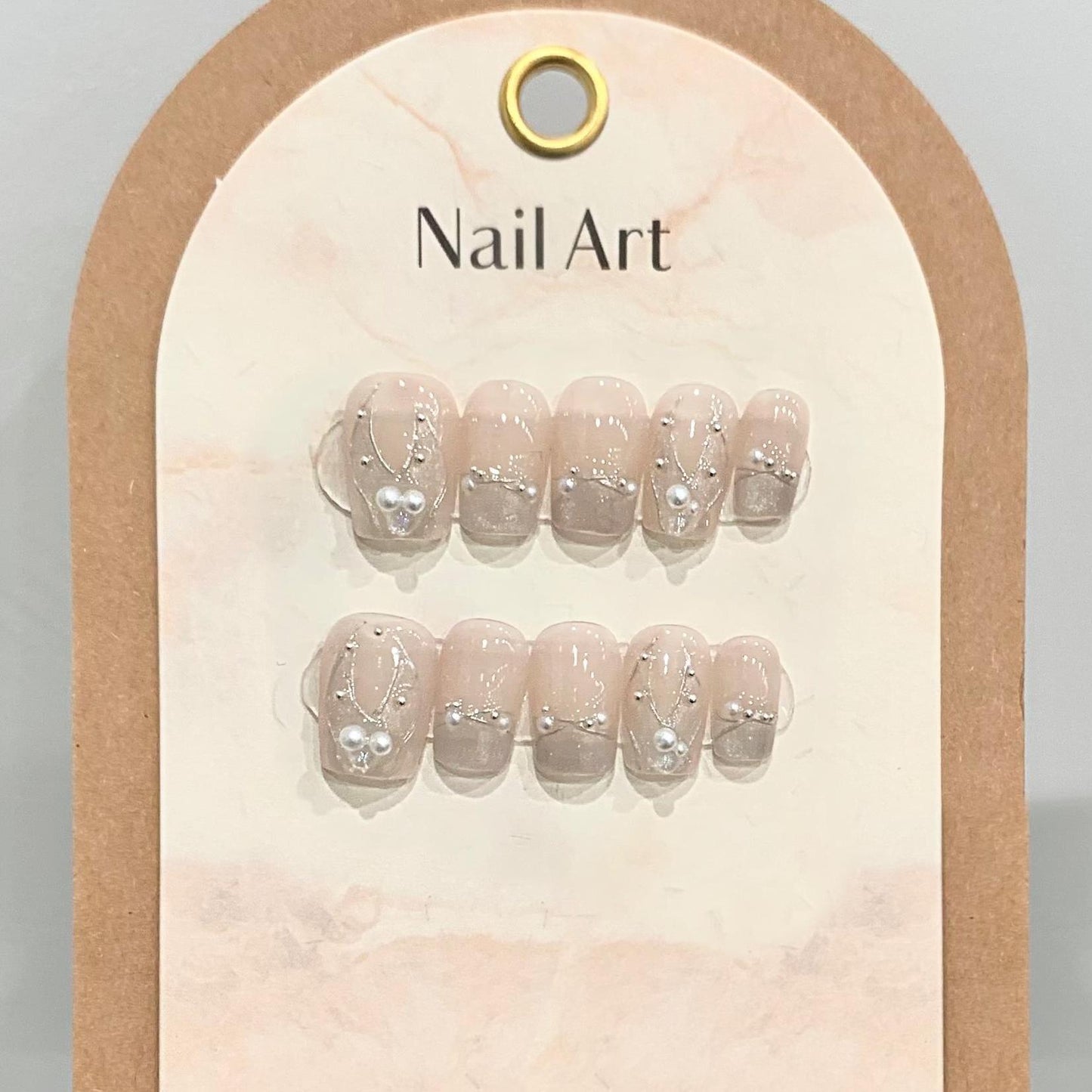 Super Short Coffin Nude French Tip Hand-Painted Silver Mermaid Press-On Nails | Removable and Reusable | Free Tool Kit Include