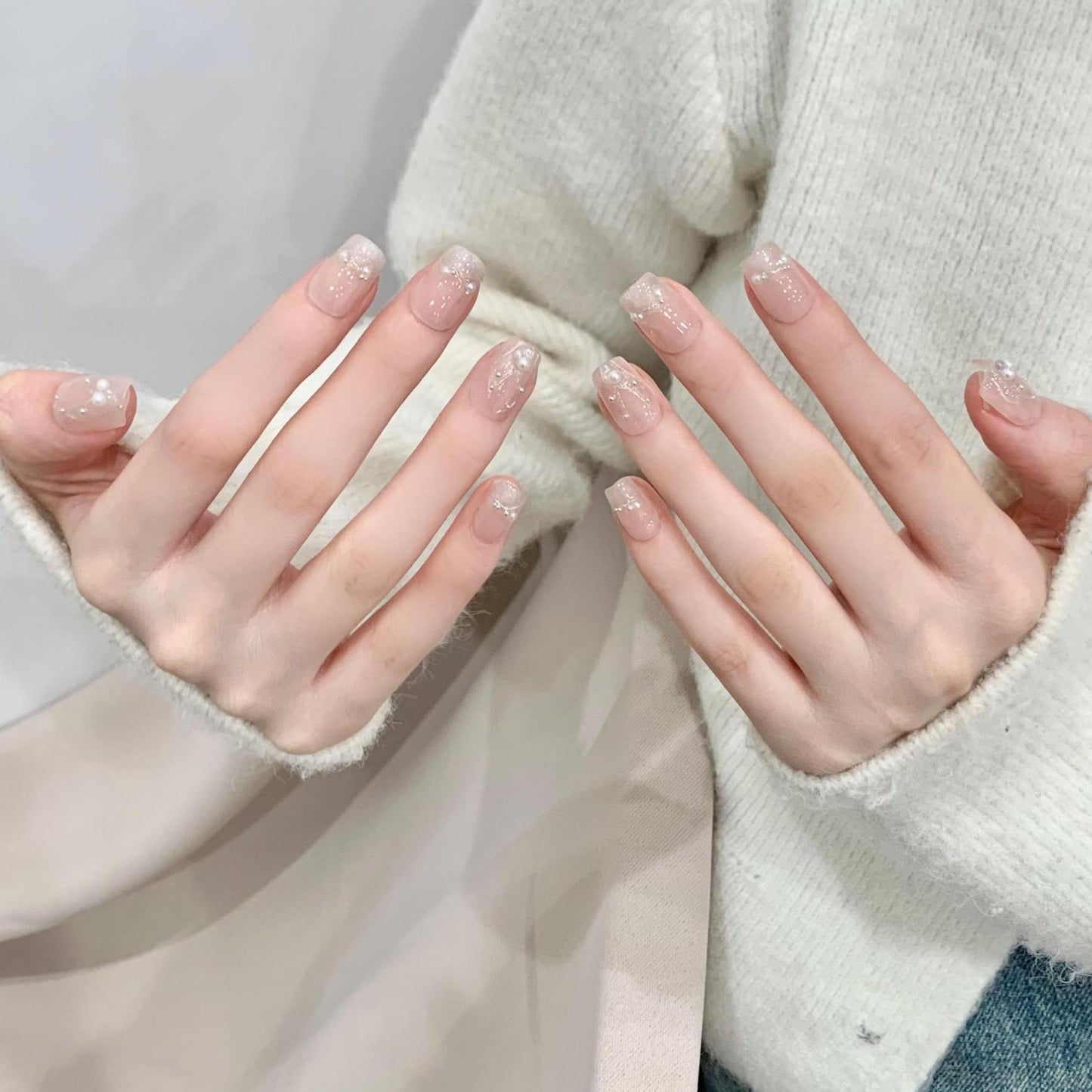 Super Short Coffin Nude French Tip Hand-Painted Silver Mermaid Press-On Nails | Removable and Reusable | Free Tool Kit Include