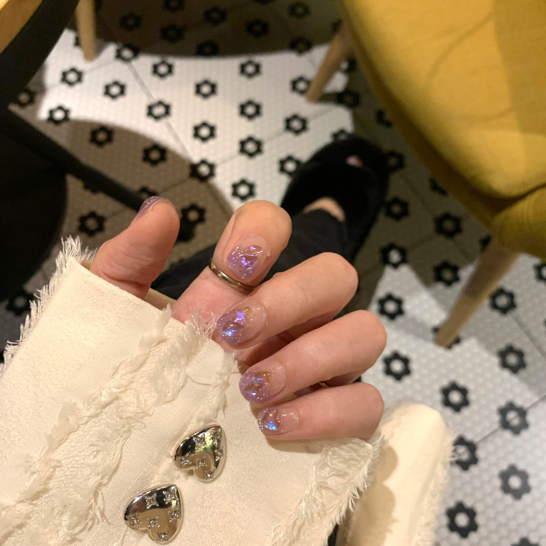 Ultra-Short Round Purple Ombre Shiny Rhinestones Butterfly Handmade Press-On Nails | Removable and Reusable | Free Tool Kit Included