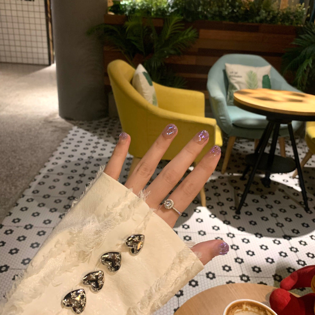 Ultra-Short Round Purple Ombre Shiny Rhinestones Butterfly Handmade Press-On Nails | Removable and Reusable | Free Tool Kit Included