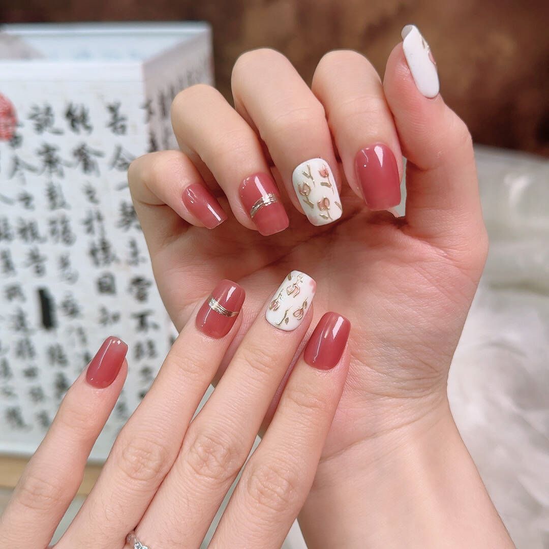 Ultra-Short Square Blush Pink and White & Hand-Painted Gold Filigree Rose Handmade Press-On Nails| Removable and Reusable | Free Tool Kit Included