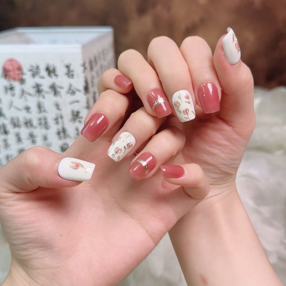 Ultra-Short Square Blush Pink and White & Hand-Painted Gold Filigree Rose Handmade Press-On Nails| Removable and Reusable | Free Tool Kit Included
