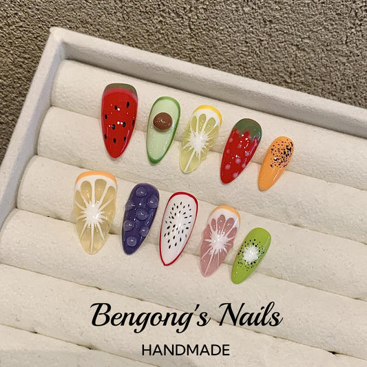 Sweet Fruit Party – Handmade Press-On Nails | Medium-Length Almond | Removable and Reusable | Free Tool Kit Included