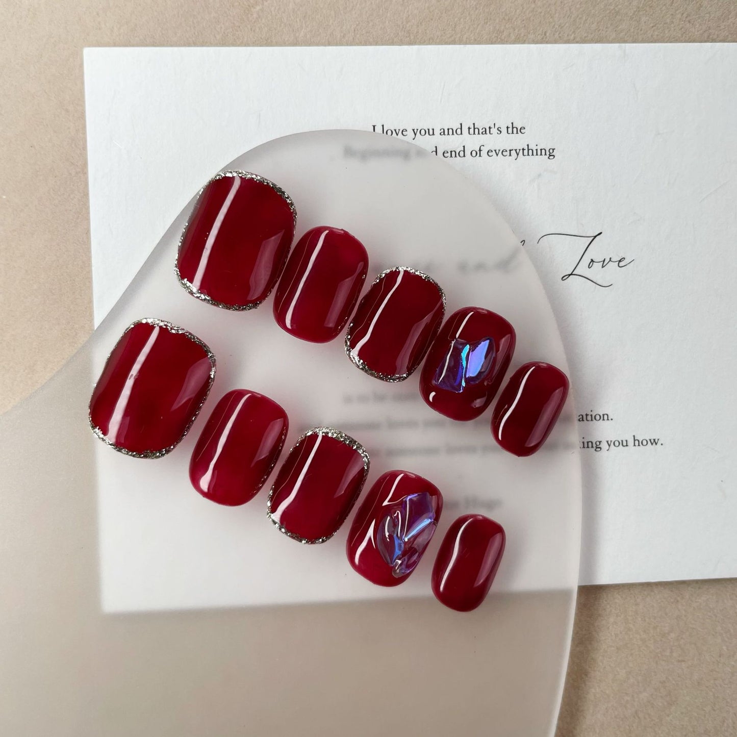 Super Short Round Cherry Red & Silver Lined Handmade Press-On Nails | Removable and Reusable | Free Tool Kit Included
