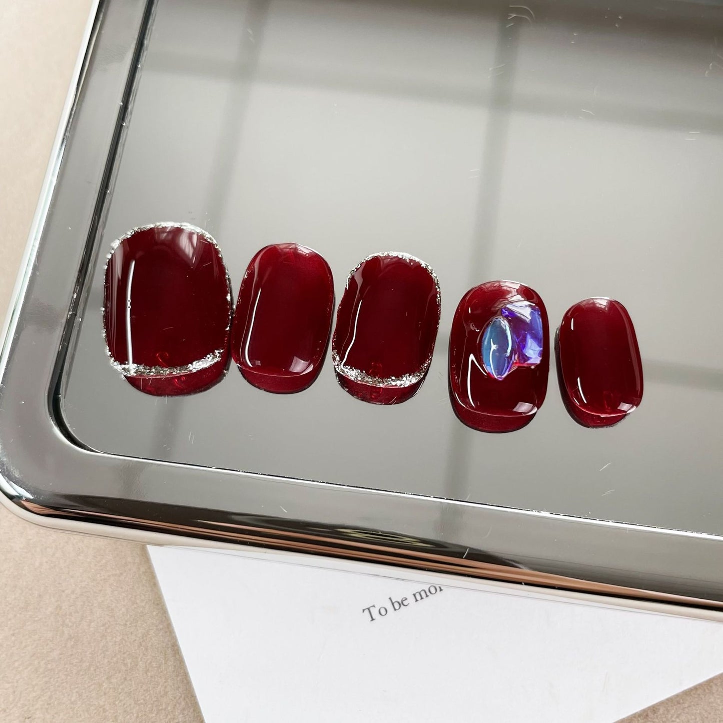 Super Short Round Cherry Red & Silver Lined Handmade Press-On Nails | Removable and Reusable | Free Tool Kit Included