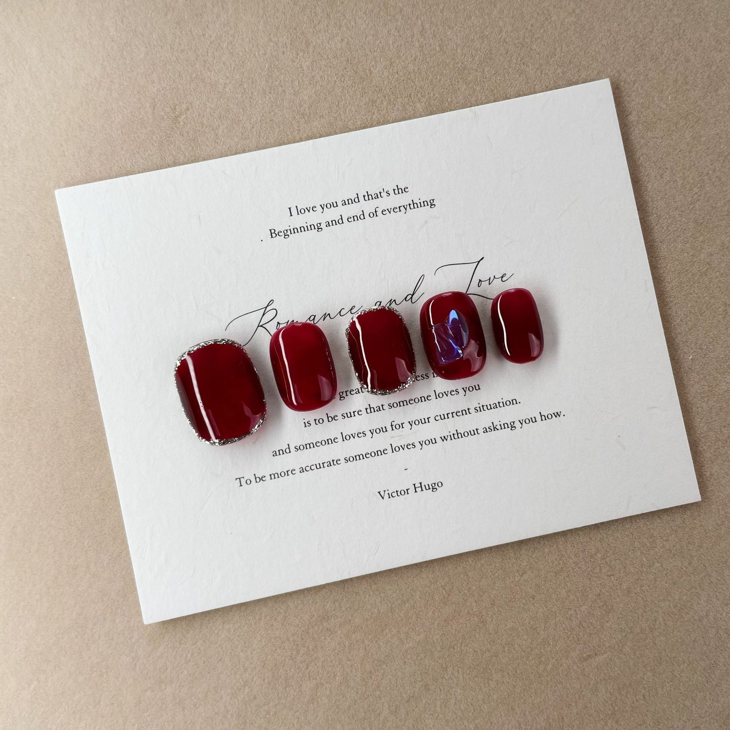 Super Short Round Cherry Red & Silver Lined Handmade Press-On Nails | Removable and Reusable | Free Tool Kit Included