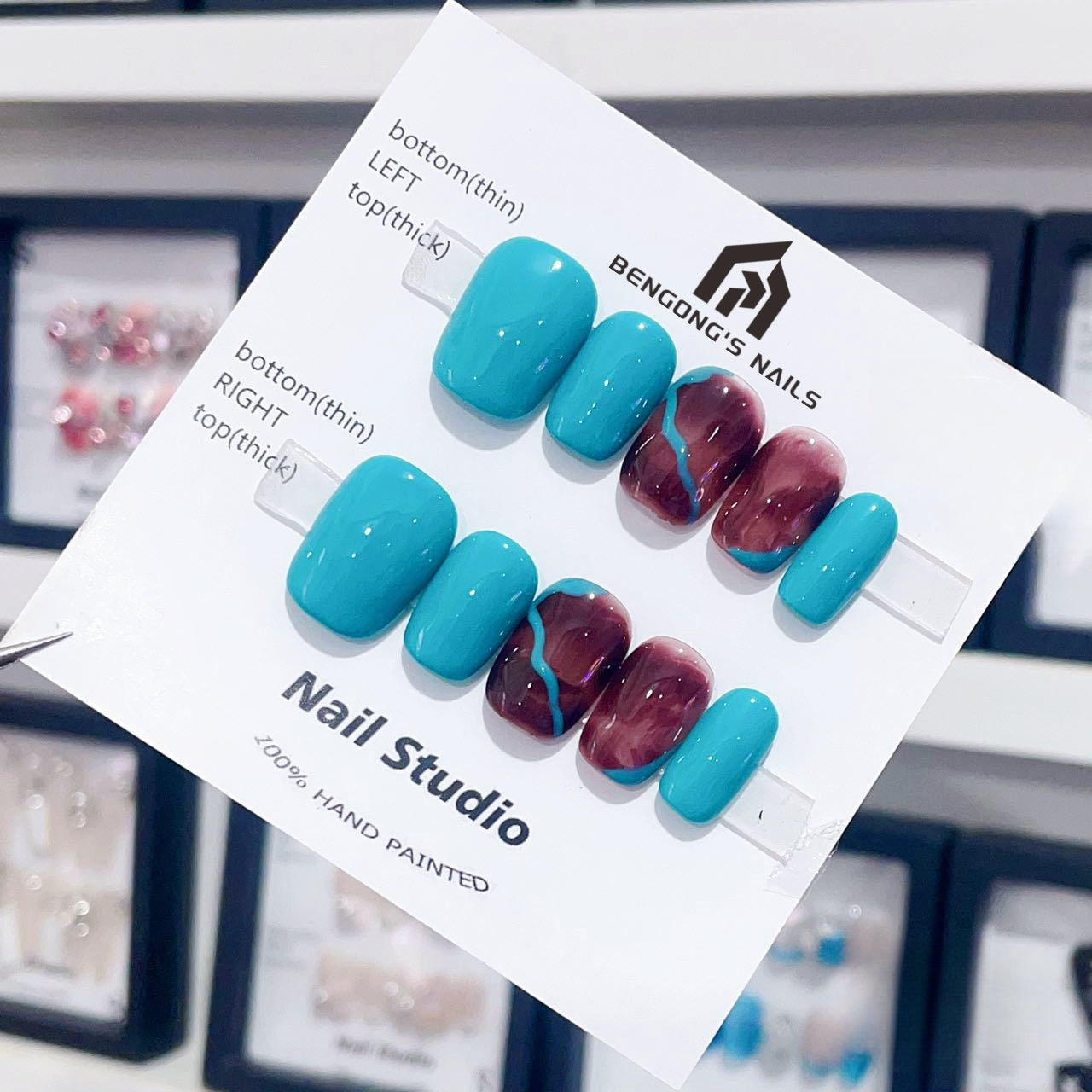 Ultra-Short Square Lake Blue and Marble Gradient Handmade Press-On Nails | Removable and Reusable | Free Tool Kit Included