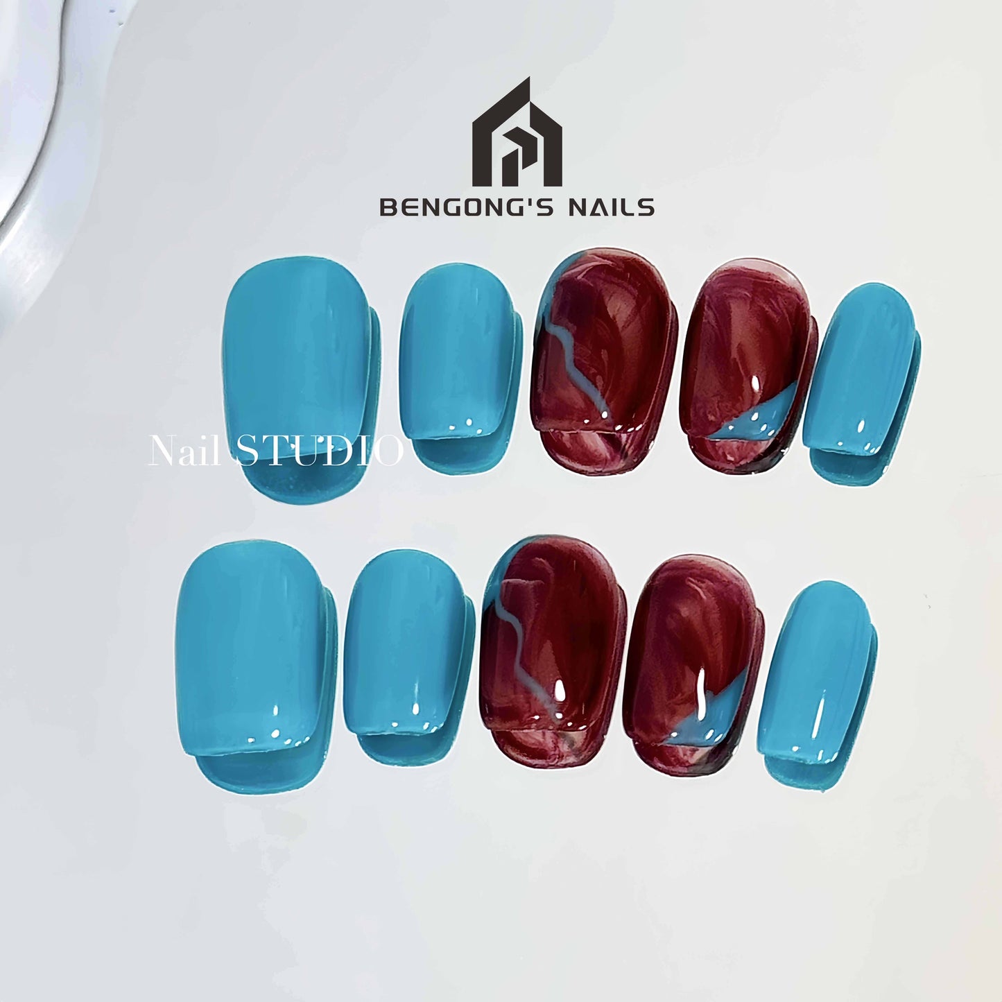 Ultra-Short Square Lake Blue and Marble Gradient Handmade Press-On Nails | Removable and Reusable | Free Tool Kit Included