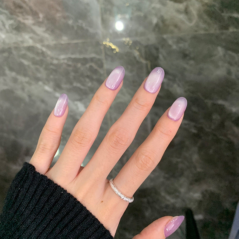 Short Oval Purple Cat Eye Handmade Press-On Nails | Removable and Reusable | Free Tool Kit Included