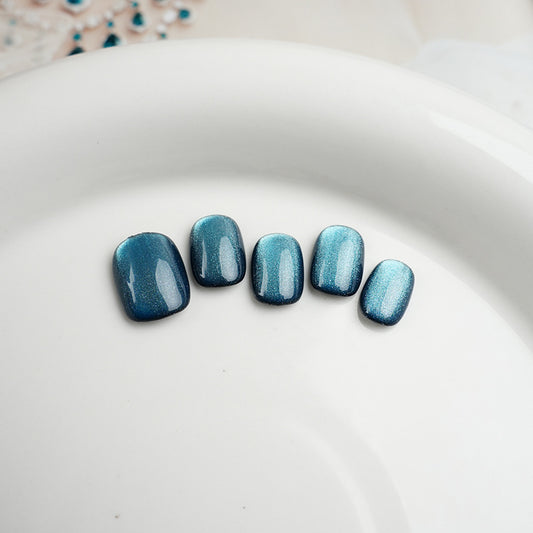 Ultra-short blue gemstone cat-eye handmade press-on nails | Removable and Reusable | Free Tool Kit Included