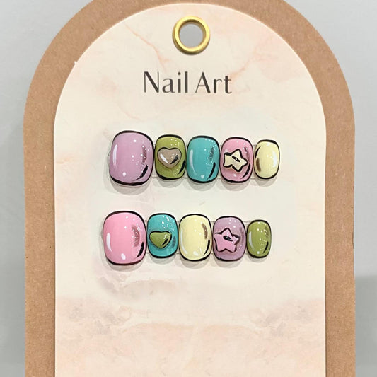 Super Short Oval Colorful Hand-Painted Comic Press-On Nails | Removable and Reusable | Free Tool Kit Included