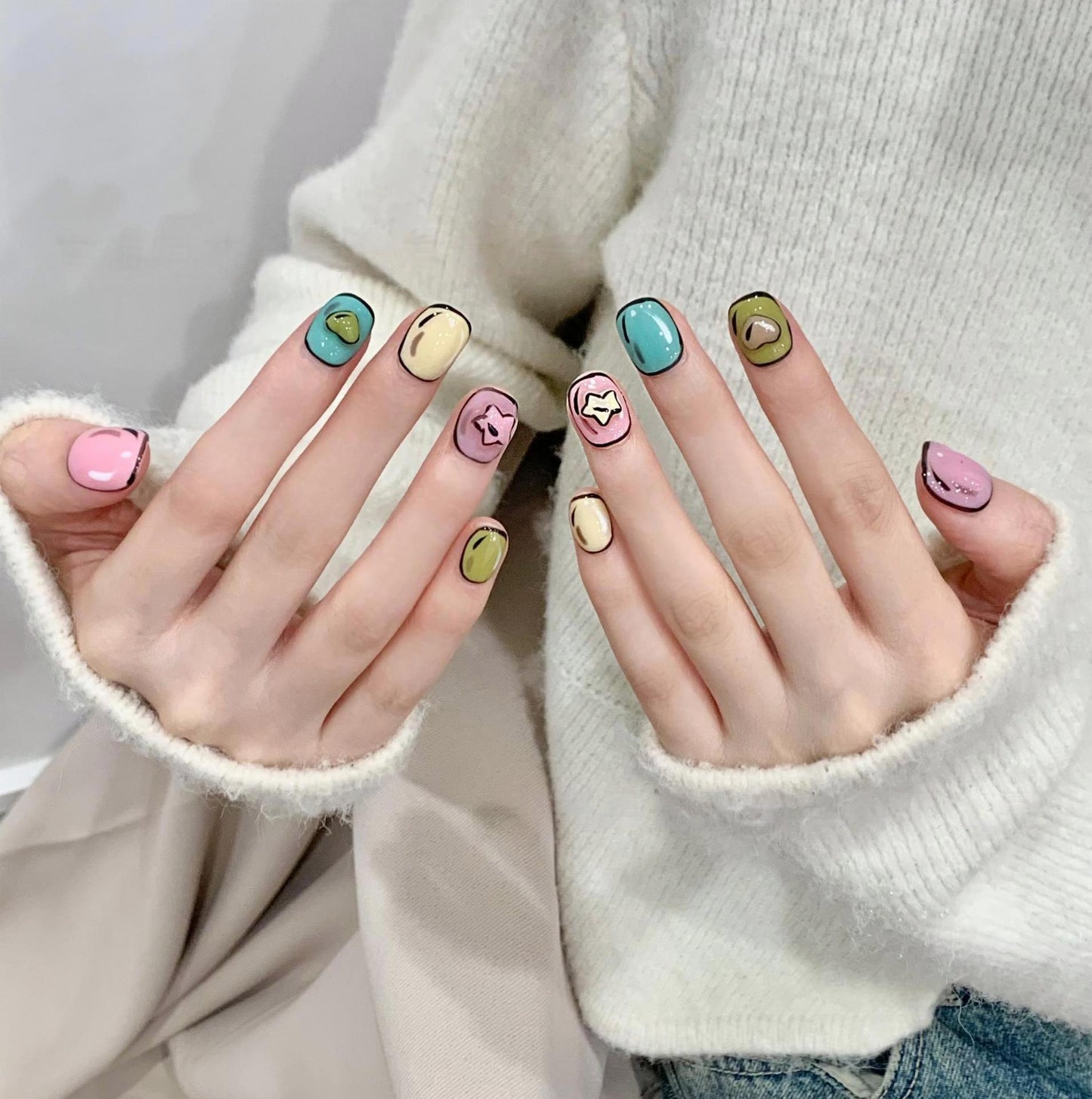 Super Short Oval Colorful Hand-Painted Comic Press-On Nails | Removable and Reusable | Free Tool Kit Included