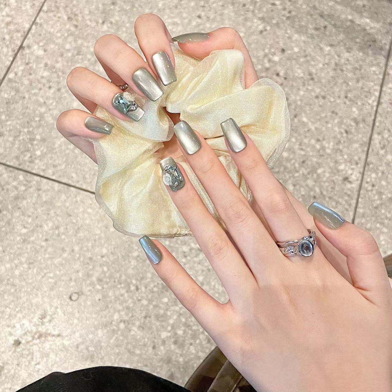 Medium Square Jade Green Cat Eye & 3D Floral Handmade Press-On Nails | Removable and Reusable | Free Tool Kit Included