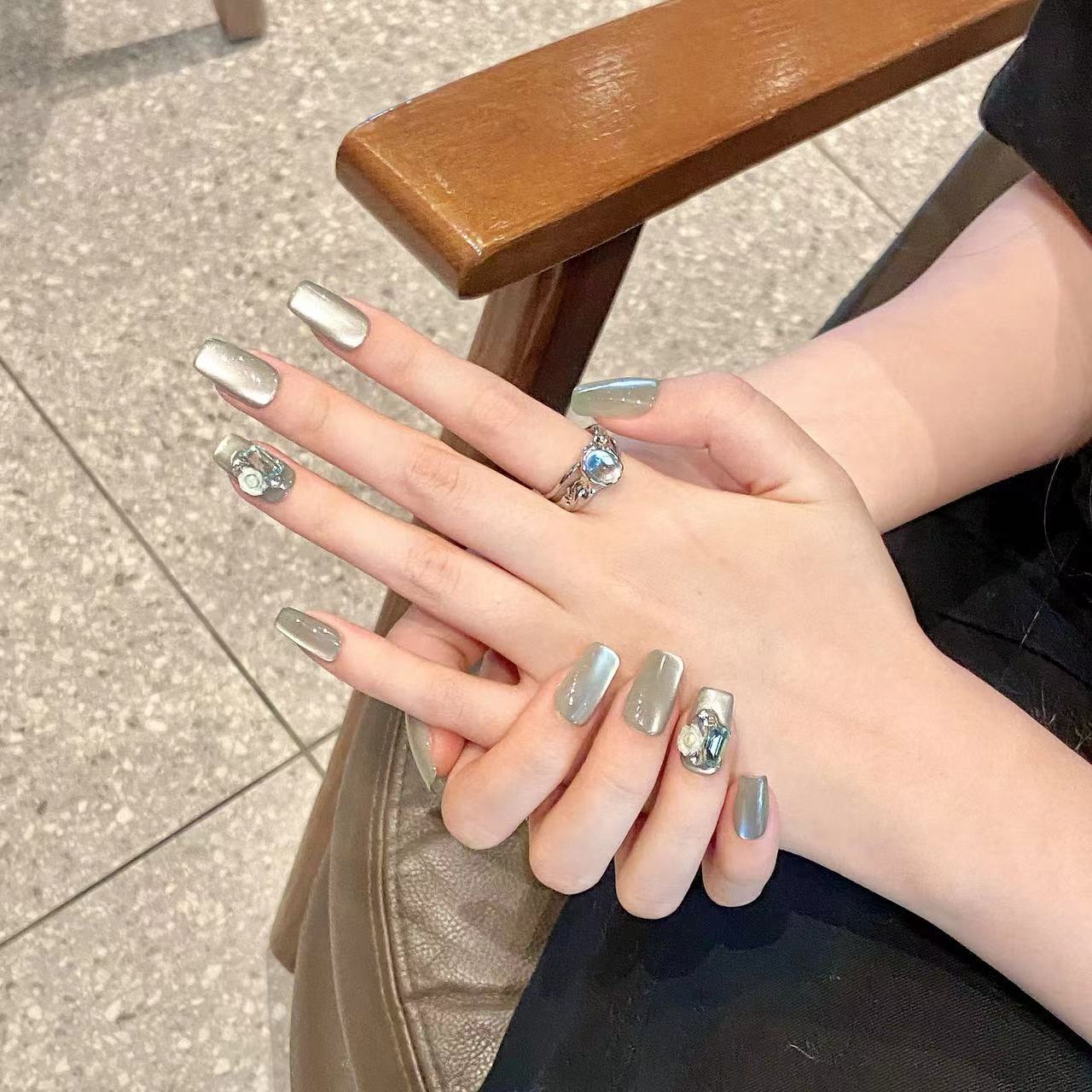 Medium Square Jade Green Cat Eye & 3D Floral Handmade Press-On Nails | Removable and Reusable | Free Tool Kit Included